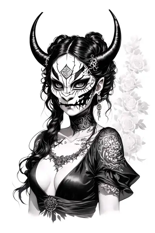 Gothic japanese girl with broken oni mask tattoo design idea