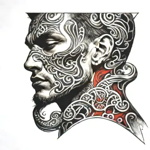 smokey neck tattoo on a man with some red tattoo design idea