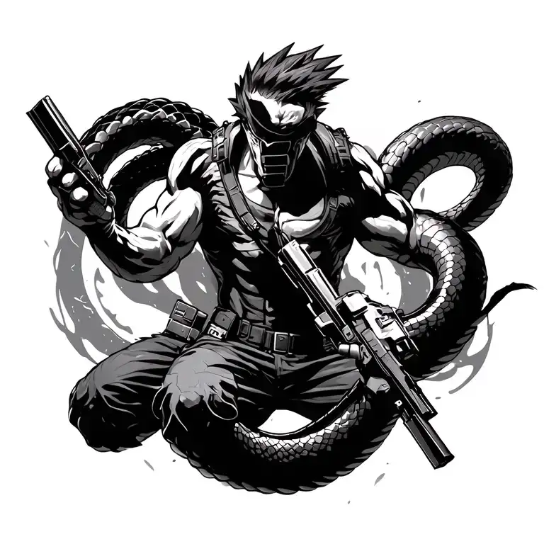 metal gear solid genbu with snake battle scene tattoo design idea
