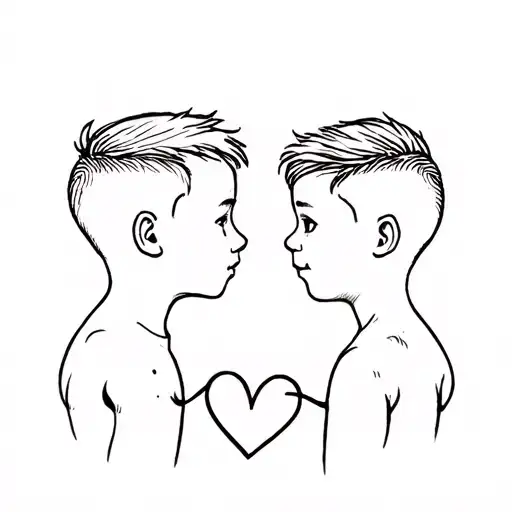 Two little boys head profile, connect them to a heart tattoo design idea