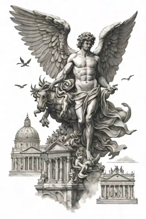 the story of rome with icarus coluseum and cesar tattoo design idea