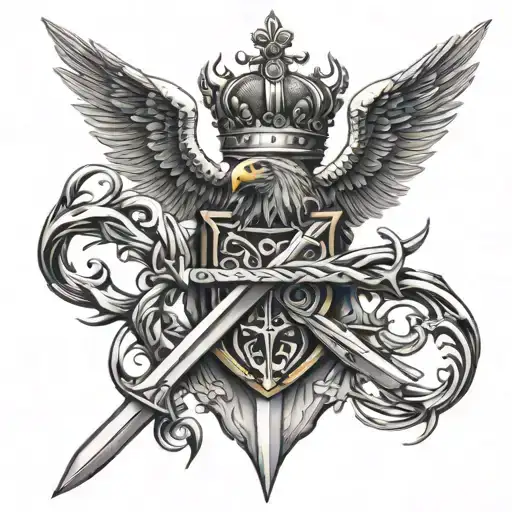 A sword piercing through an eagle with a crown of thorns forming the guard on left shoulder tattoo design idea