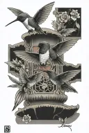 A tribal design incorporating elements of hummingbirds, Chicago, and samurais, representing all your favorite things in one tattoo tattoo design idea