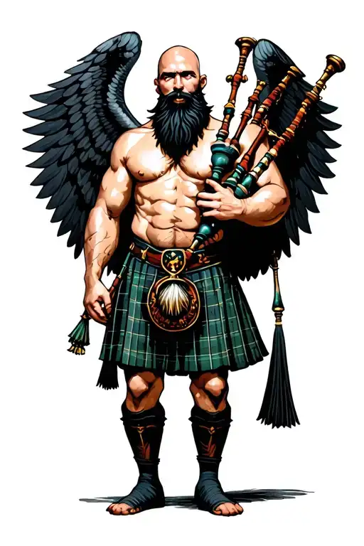 legless shirtless muscular bagpiper bald black beard playing bagpipes huge black wings black background tattoo design idea