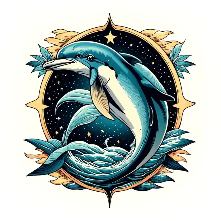 Common dolphin, pisces star sign intertwined tattoo design idea