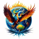 phoenix and earth globe tattoo design idea
