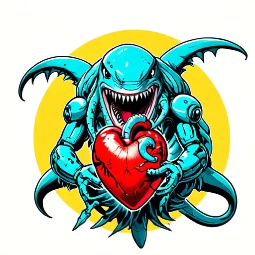 a new school style tattoo of  cthulhu fighting a giant cyborg shark, with a mechanical heart floating in the middle of t tattoo design idea