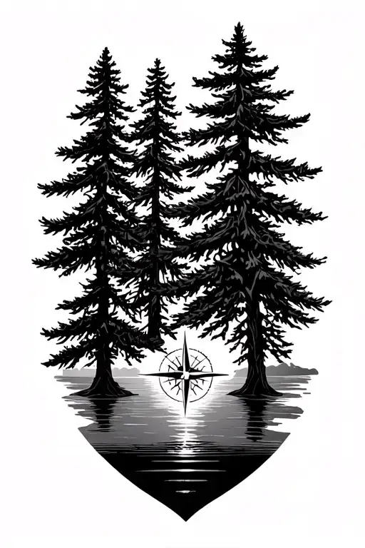 nature, pinetrees. sunset, compass rose vine tattoo design idea