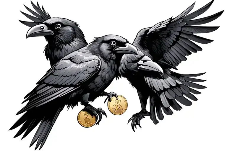 7 ravens, one holding two coins  tattoo design idea