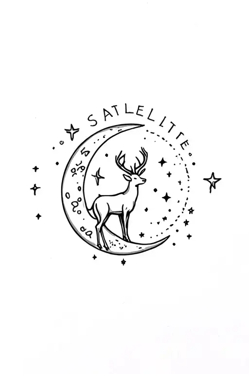 Deer standing on the moon, stars,  inscription "Satellite". tattoo design idea