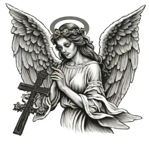 women angel holding cross tattoo design idea