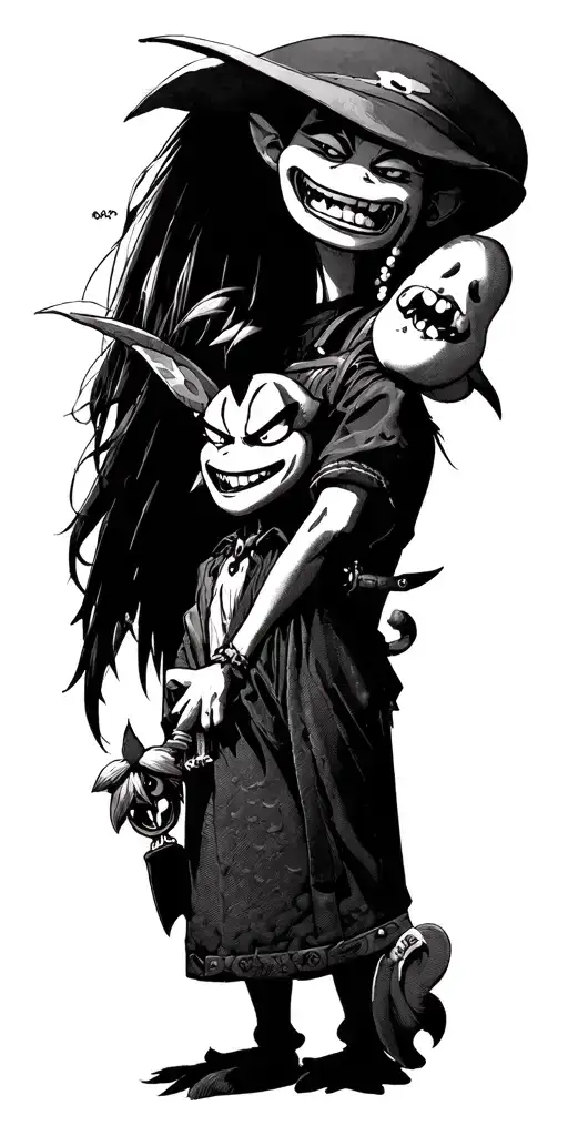 make a combination tattoo design with demon slayer Zinitsu, cowardly dog,  and chopper from one piece having a laugh tog tattoo design idea