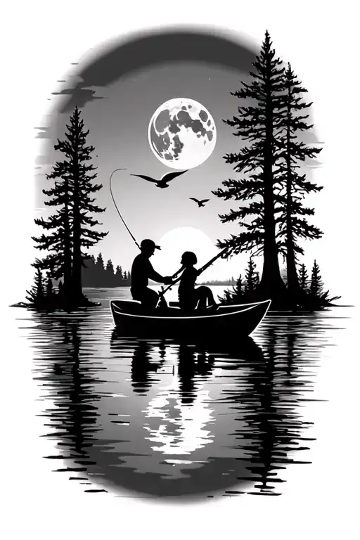 bass tracker boat fishing dad and daughter on lake with nature  moon trees on water at dusk with mallard flying off  tattoo design idea