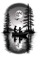 bass tracker boat fishing dad and daughter on lake with nature  moon trees on water at dusk with mallard flying off  tattoo design idea