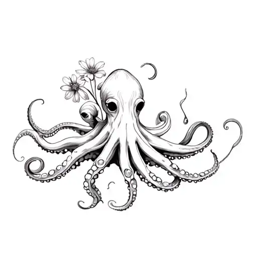 octopus and flower bouquet tattoo design idea