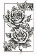 3 cards with the numbers 10, 12, and 5 with long rose and October 19, 2006 in roman numerals engraved  tattoo design idea