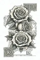 3 cards with the numbers 10, 12, and 5 with long rose and October 19, 2006 in roman numerals engraved  tattoo design idea