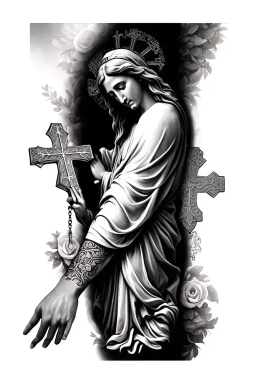 full arm sleeve featuring biblical figures such as Virgin Mary, Jesus, Saint Michael, Saint Paul, and crosses/rosary tattoo design idea