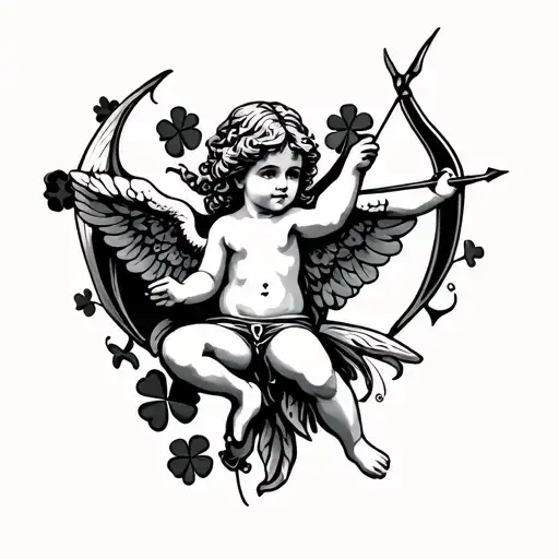 Cupid with bow and an arrow and a shamrock old school tattoo  tattoo design idea