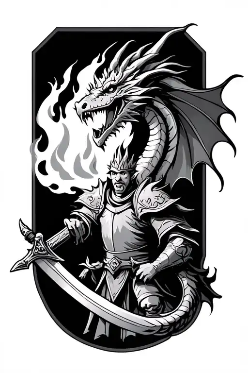 medieval dragon breathing fire at knight holding a sword king tattoo design idea