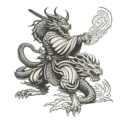 samurai fighting a dragon breathing fire coming tattoo design idea