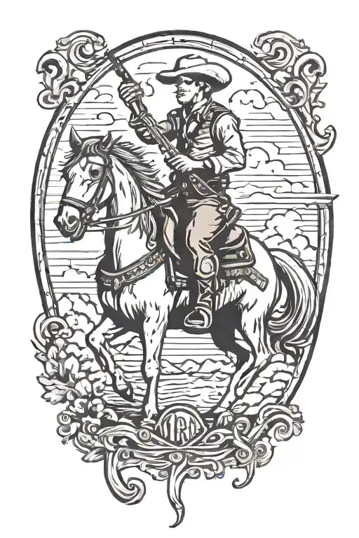 A traditional tattoo of a cowboy riding a horse while playing a guitar, with a whiskey bottle in hand tattoo design idea