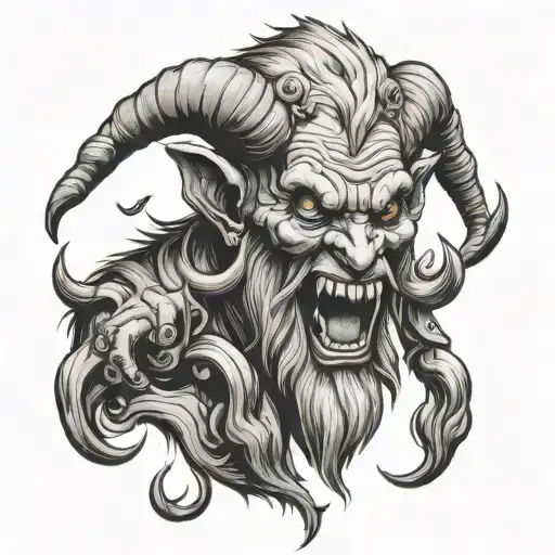  old man krampus demon with bells worn with a split tongue hanging out tattoo design idea