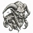  old man krampus demon with bells worn with a split tongue hanging out tattoo design idea