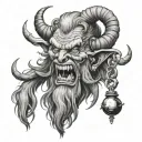  old man krampus demon with bells worn with a split tongue hanging out tattoo design idea