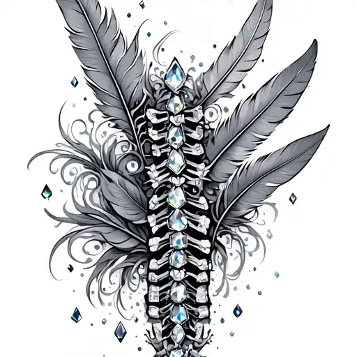 spine tattoo with crystals and feathers tattoo design idea