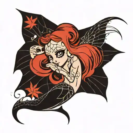 - goth mermaid- spiderweb as fins- pierced nips-micro bangs- holding skull (traditional) tattoo design idea