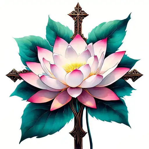 religious cross carrying small lotus flowers tattoo design idea