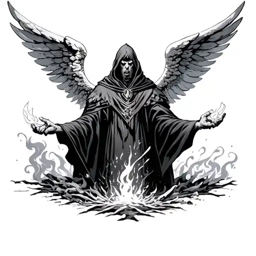 Angel man in a cloak with burning eyes takes off from the bones and ash, in the hands of the king of King Lich “Ice Sorrow”, and around tattoo design idea