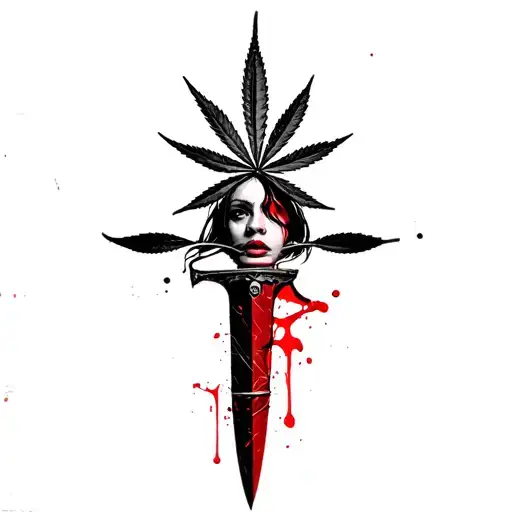 composition, a woman's face coming out of a dagger, the whole entangled with a block wire, a marijuana leaf in the backg tattoo design idea