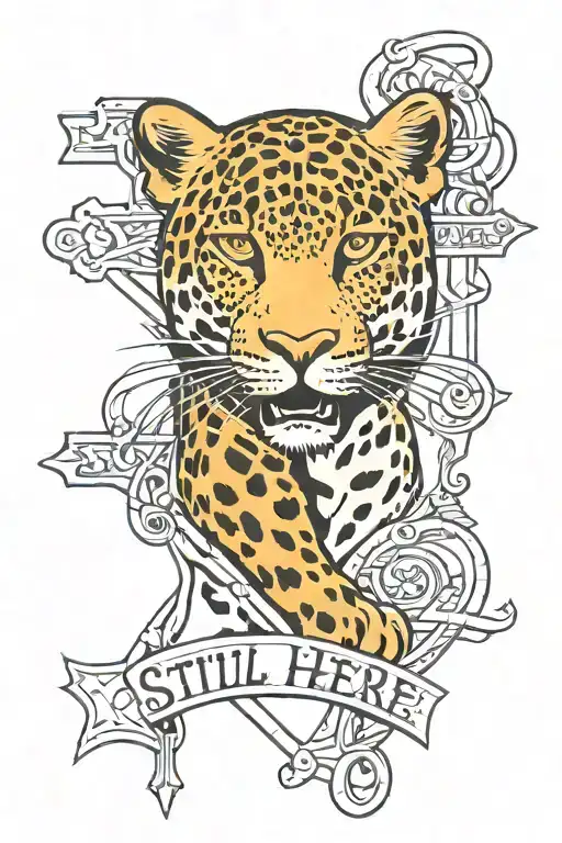leopard, words "still here", "RDP", cross ad toaism  tattoo design idea
