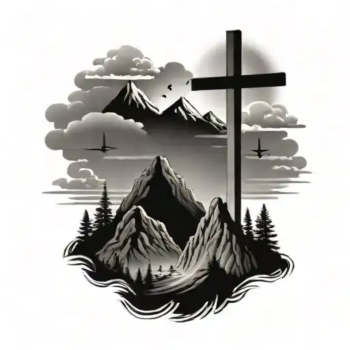 A mountain with the three crosses a sunset, a dove and God looking over it with clouds tattoo design idea