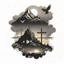 A mountain with the three crosses a sunset, a dove and God looking over it with clouds tattoo design idea