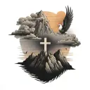 A mountain with the three crosses a sunset, a dove and God looking over it with clouds tattoo design idea