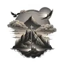 A mountain with the three crosses a sunset, a dove and God looking over it with clouds tattoo design idea