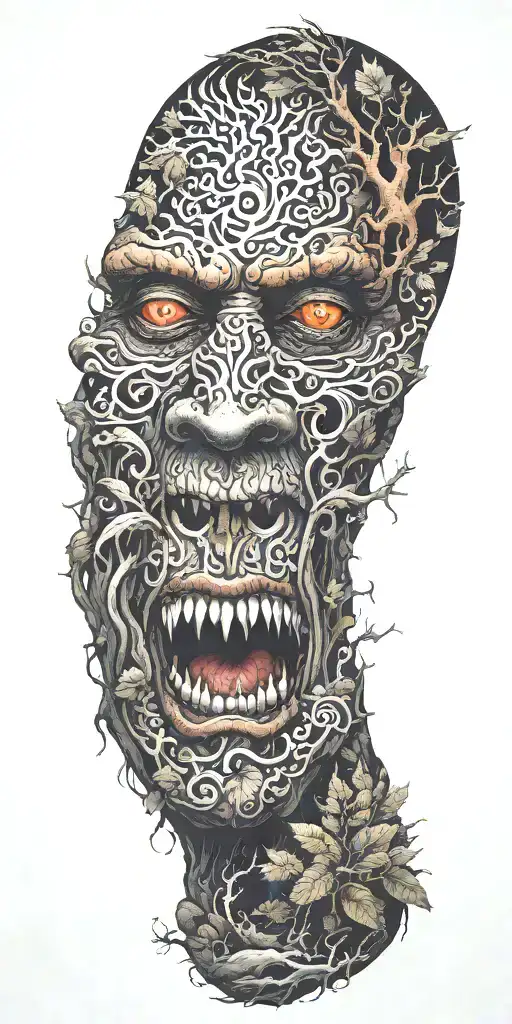 foggy forest with a demon hiding facial features tattoo design idea