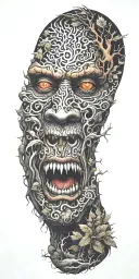 foggy forest with a demon hiding facial features tattoo design idea