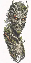 foggy forest with a demon hiding facial features tattoo design idea