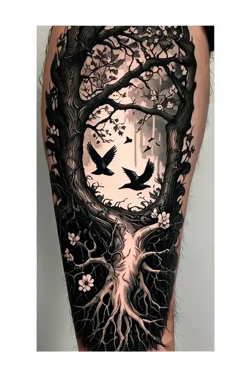 Black White Tattoo Fine Line forearm on the hand, a tree of life is good and evil a little like Jing and yang dark and nicely the evil an old oak with thorn tendrils and ravens. The good with mistletoe and cherry blossoms and leaves with an kingfisher on the branch. Below the roots based on a stain on the side of the hand, even with good and evil roots, good and evil. Of course, you can let off steam in your still, it sounds like a powerful and deeply symbolic tattoo idea with clear duality between good and evil, embedded in the tree of life. I precisely summarize your concept for a fine-line black tattoo for the forearm up to the hand (back of the hand), as a tattoo artist could implement: tattoo concept: life tree “good and bad”-fine line, black and white, forearm to the back of your hand: • Style: fine line, black and white, very detailed. 	• Placement: Starts on the forearm, runs over the wrist and flows into the back of the hand, where the roots branch off.  ⸻ 2. Structure and symbolism: crown of the tree (upper part, direction of the forearm): • duality good & evil-Yin-Yang-like shared: • Left side (evil): • barren, wounded branches that are reminiscent of an old, gnarled oak-thick, powerful and slightly threatening. 	• Torn tendrils that wind around the branches like parasites. 	• One or two ravens that sit in the branches or are shown in flight. 	• Overall, the structure looks dark, heavy and spiky - with a certain morbid beauty. 	• Right side (good side): • rich, healthy branches with fine cherry blossoms, mistletoe and gentle, lively leaves. 	• An kingfisher sits on a branch, in a fine shade, symbol of beauty and hope. 	• The lines are fluid and harmonious, the branches rather slim and elegant.  ⸻ tribe of the tree (forearm center): • neutral in the middle, but with subtle transitions: • half looks rather smooth and holy, the other cracked, shaded and crossed by fine lines. 	• The separation is organic, like a flowing Yin-Yang line-not rigid or symmetrical.  ⸻ roots (lateral back of the hand): • Corresponding to a central point or spot on the side of the hand, as a symbol of origin and connection. 	• Left side (bad roots): • sharp, thorny, like claws - overgrown, chaotic, acting deep into the skin. 	• Right side (good roots): • Gently curved, with small leaves or flowers - powerful, but peaceful.  ⸻ Additional information for the tattoo artist: • Lines fine and detailed - focus on structure instead of strong shading. 	• No hard symmetry, but an organic, balanced composition between good and evil. 	• The transition should look fluid and lively - not like a hard contrast. tattoo design idea