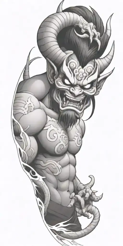 male anime character  oni mask fighting off inner demons  tattoo design idea