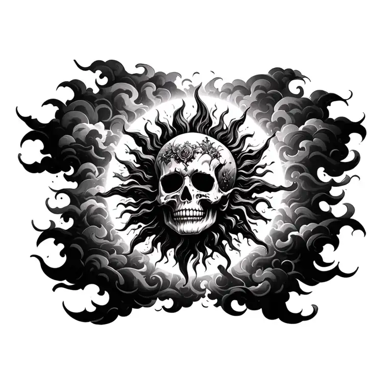 A gothic sun shining trough dark clouds surrounding, make the sun less skull shaped, but still have a distorted face tattoo design idea