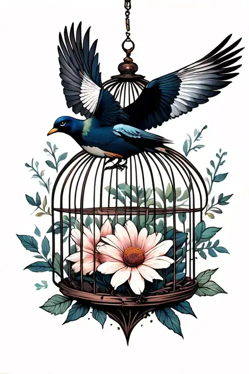 and still I rise, open cage three birds flying out, 4 birth month flowers nov april march oct blooming from ashes tattoo design idea