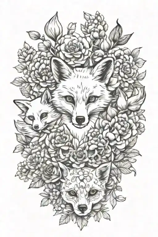 It is a simple black and white illustration of a  collage of flowers, foxes and skulls. PNG file, transparent background tattoo design idea