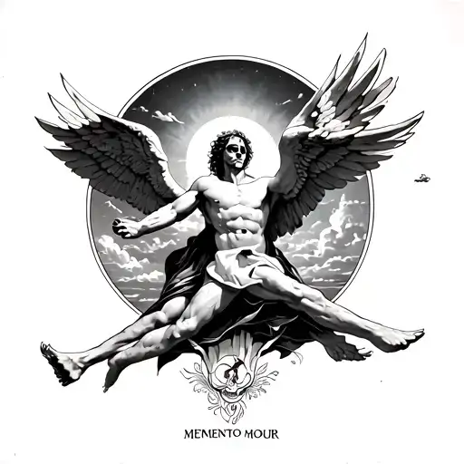 Icarus falling from sky with memento mori underneath tattoo design idea