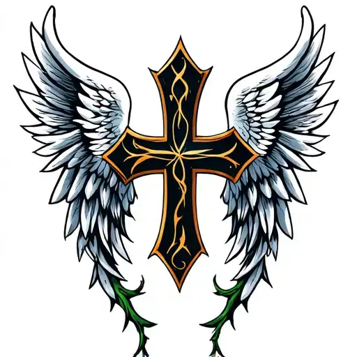 wing cross thorns vines tattoo design idea