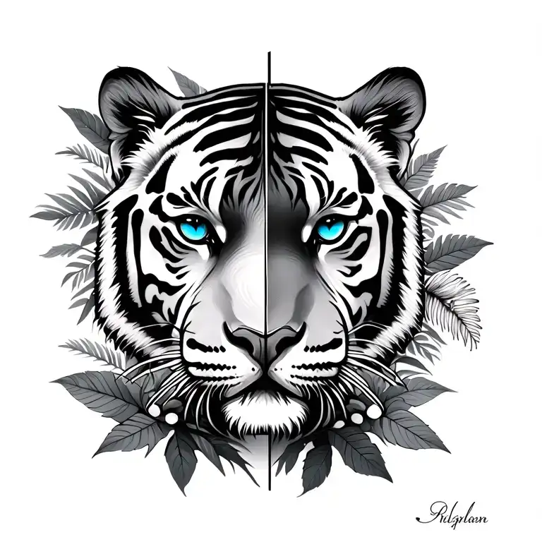 cut the tiger face in half black and white tiger blue and eyes peeking through jungle with leaves and flowers tattoo design idea
